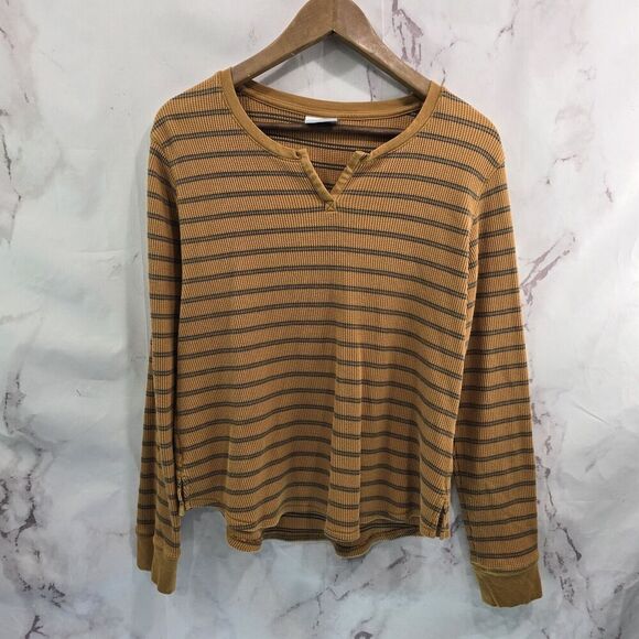 Columbia T Shirt Women Large Brown Long Sleeve Tee Thermal Waffle Striped V Neck - Picture 1 of 12